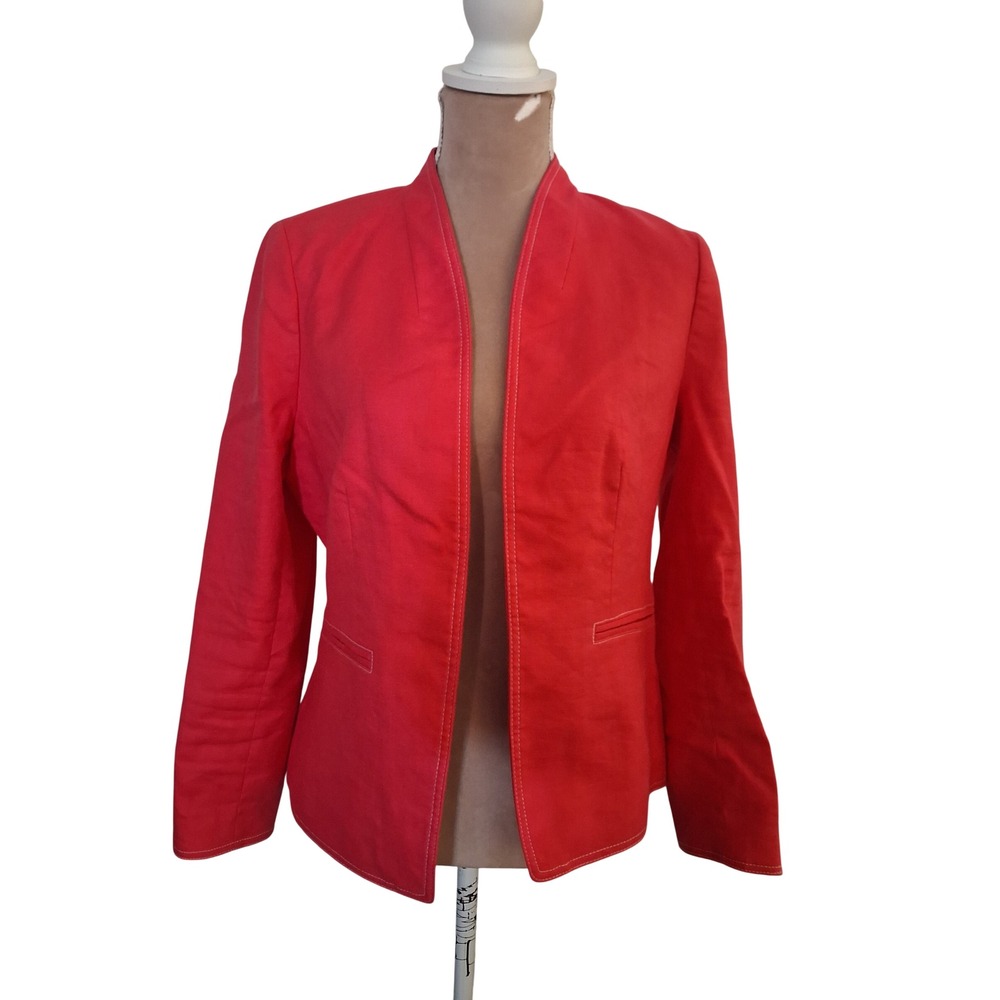 J.Crew Pink Linen Blend Open Front Blazer Contrast Stitching Jacket Size 10
